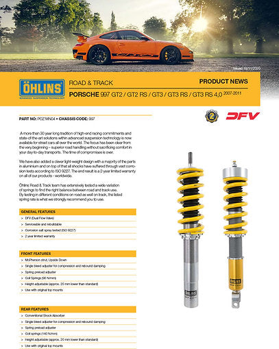 Ohlins DFV Adjustable Coilover Suspension Kit for Porsche 997 GT3 / 997 GT2 - POZMN04S1