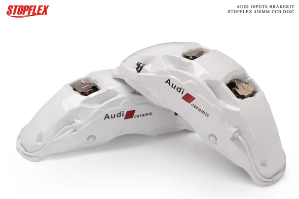 Audi ceramic brake calipers on a white background with 'STOPFLEX' branding.