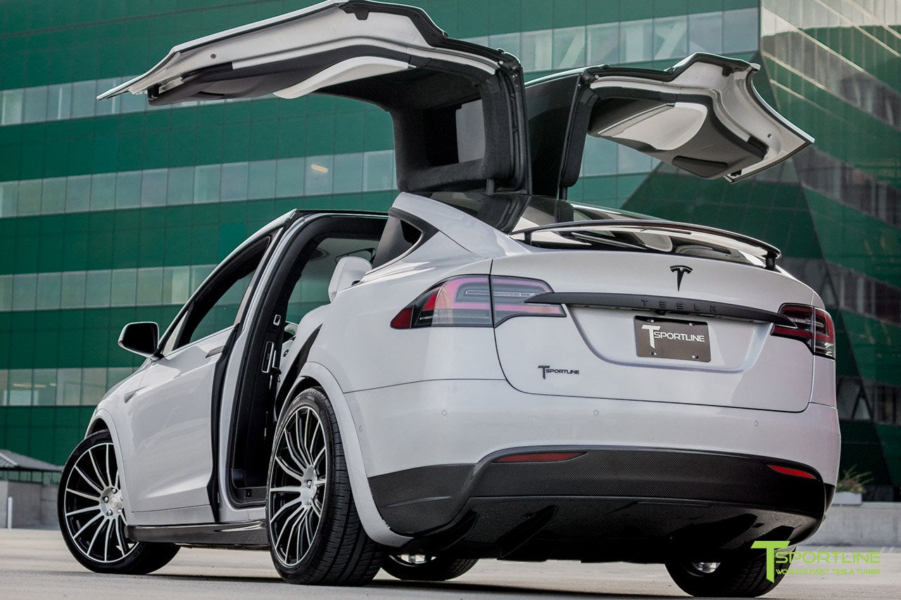 Silver Tesla Model 3 with Matte Carbon Fiber Trunk Wing Spoiler by T S - T  Sportline - Tesla Model S, 3, X & Y Accessories